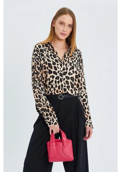 4106 Leopar Desen Saten Gömlek Bej indirimleri