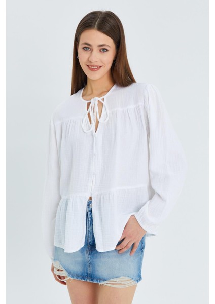 4563 Kadın Yakası Bağlamalı Kolu Lastikli Bol Müslin Gömlek Beyaz