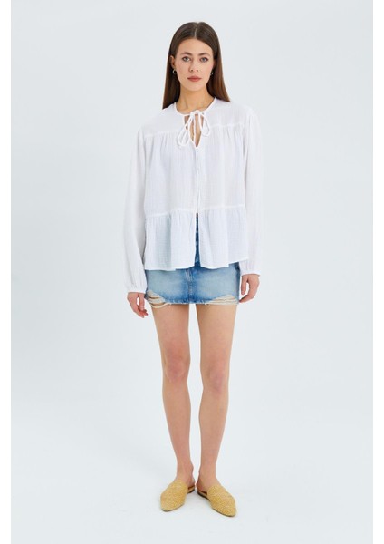 4563 Kadın Yakası Bağlamalı Kolu Lastikli Bol Müslin Gömlek Beyaz fiyatları