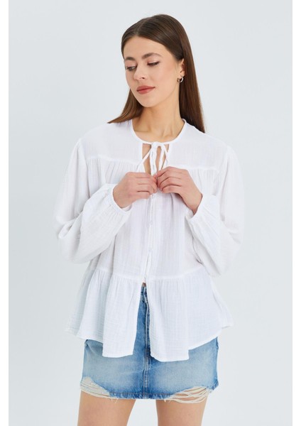4563 Kadın Yakası Bağlamalı Kolu Lastikli Bol Müslin Gömlek Beyaz modelleri