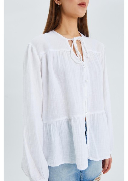 4563 Kadın Yakası Bağlamalı Kolu Lastikli Bol Müslin Gömlek Beyaz fırsatları