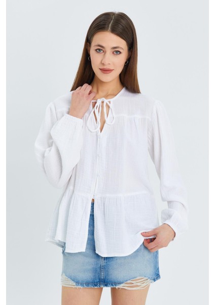 4563 Kadın Yakası Bağlamalı Kolu Lastikli Bol Müslin Gömlek Beyaz indirimleri