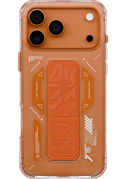 iPhone 17 Pro Max Kılıf M-Safeli Teknoloji Desenli Skinarma Helio Mag Charge Standlı Kapak Turuncu
