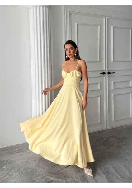 Kadın Istiridye Göğüs Detaylı Uzun Askılı Elbise