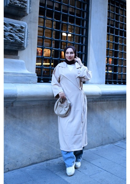 Kadın Tesettür Giyim Uyumlu Oversize Bağlamalı Trençkot | V Yaka | Kemer | Çift Cep | Uzun fırsatları