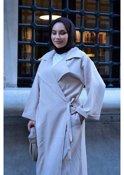 Kadın Tesettür Giyim Uyumlu Oversize Bağlamalı Trençkot | V Yaka | Kemer | Çift Cep | Uzun indirimleri