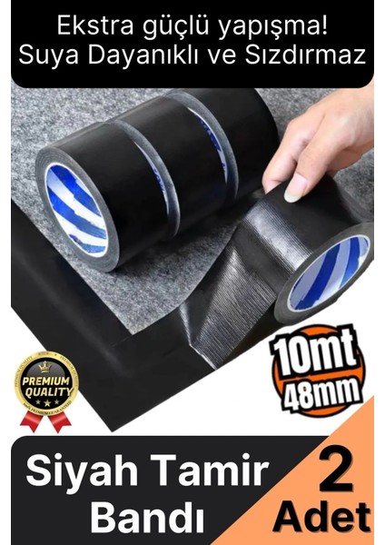 2 Adet Ekstra Güçlü Dayanıklı Su Geçirmez Sızdırmaz Yalıtım Izolasyon Siyah Tamir Bandı 10 mt 48 mm