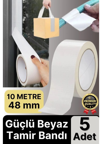 5 Adet Ekstra Güçlü Dayanıklı Su Geçirmez Sızdırmaz Yalıtım Izolasyon Beyaz Tamir Bandı 10 mt 48 mm
