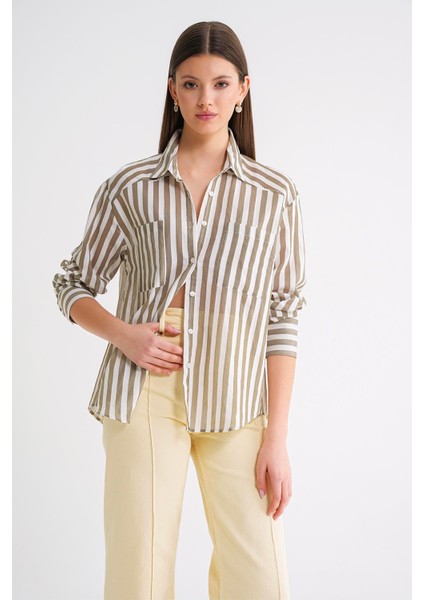 4650 Kadın Robalı Hafif Transparan Çizgili Basic Gömlek Haki