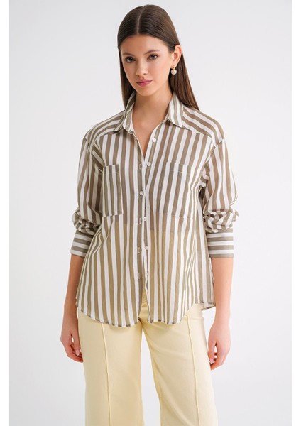 4650 Kadın Robalı Hafif Transparan Çizgili Basic Gömlek Haki fiyatları