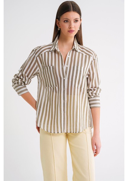 4650 Kadın Robalı Hafif Transparan Çizgili Basic Gömlek Haki modelleri