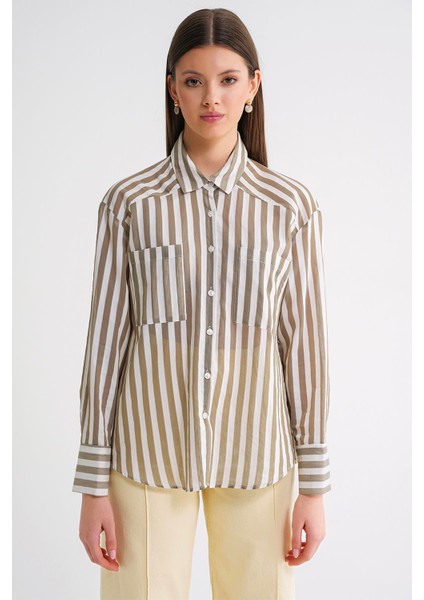 4650 Kadın Robalı Hafif Transparan Çizgili Basic Gömlek Haki fırsatları