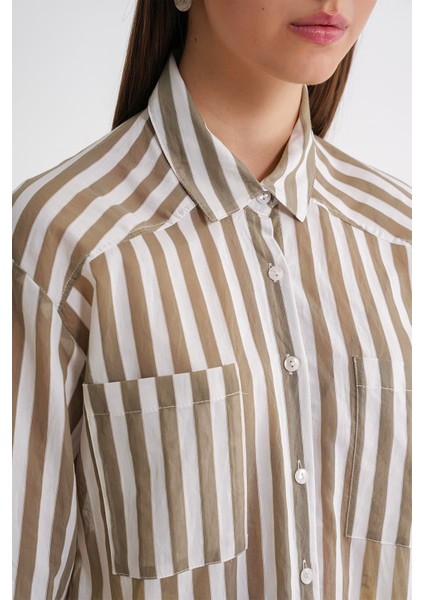 4650 Kadın Robalı Hafif Transparan Çizgili Basic Gömlek Haki indirimleri