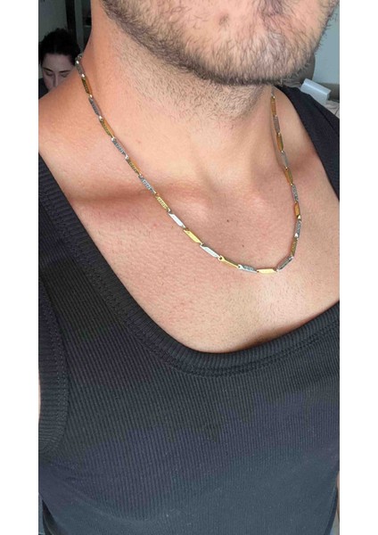 Erkek Çelik Zincir Kolye – Altın Gümüş Renkli Iki Tonlu Şık Model – Kararma Yapmaz Suya Dayanıklı modelleri