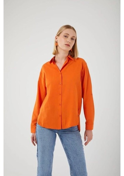 4162 Kadın Uzun Basıc Gömlek Turuncu