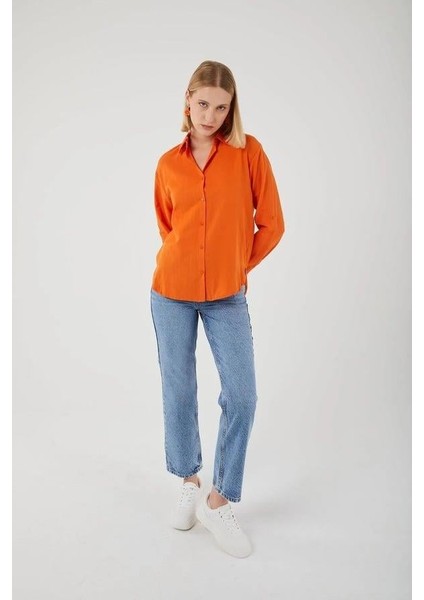 4162 Kadın Uzun Basıc Gömlek Turuncu modelleri