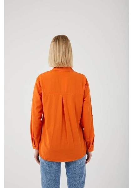 4162 Kadın Uzun Basıc Gömlek Turuncu fırsatları