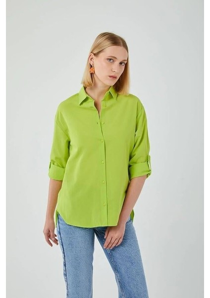 4162 Kadın Uzun Basıc Gömlek Neon Yeşil