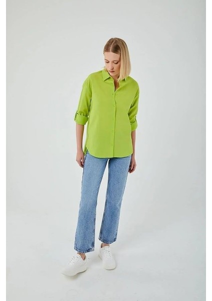 4162 Kadın Uzun Basıc Gömlek Neon Yeşil modelleri