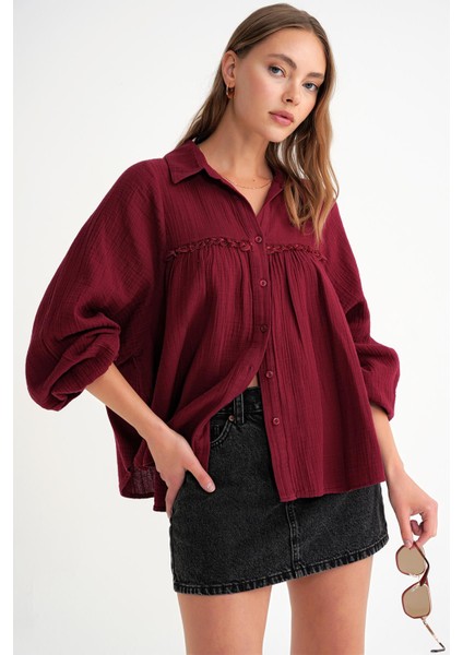 4677 Kadın Dantel Detaylı Müslin Gömlek Bordo