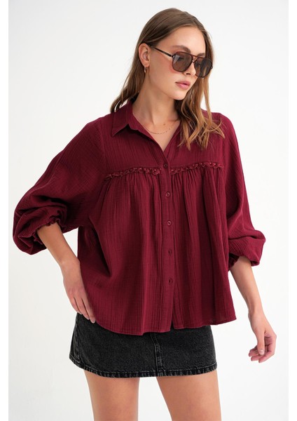 4677 Kadın Dantel Detaylı Müslin Gömlek Bordo modelleri