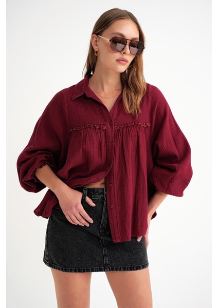 4677 Kadın Dantel Detaylı Müslin Gömlek Bordo fırsatları