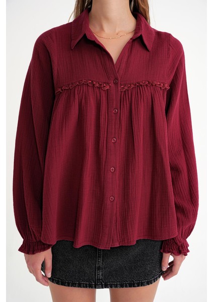 4677 Kadın Dantel Detaylı Müslin Gömlek Bordo indirimleri