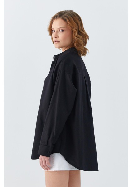 4621 Kadın Arkası Pileli Basic Gömlek Siyah indirimleri