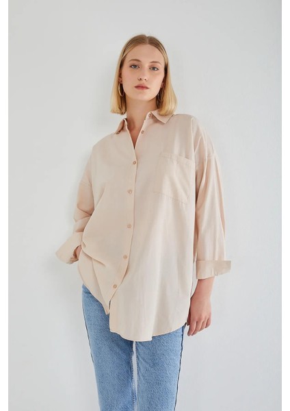 4053 Kadın Tek Cepli Oversize Basic Gömlek Taş