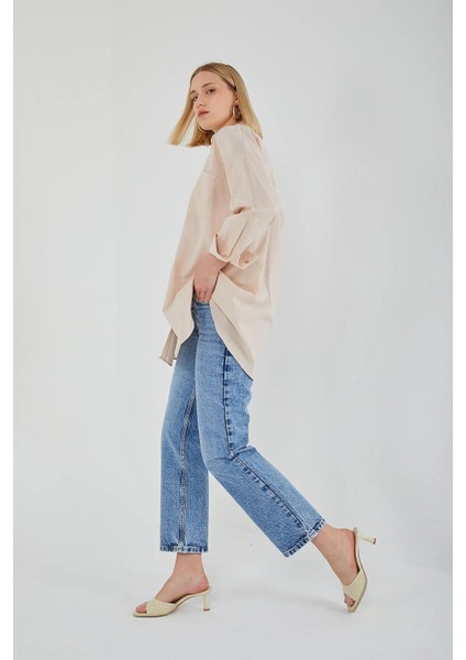4053 Kadın Tek Cepli Oversize Basic Gömlek Taş fiyatları