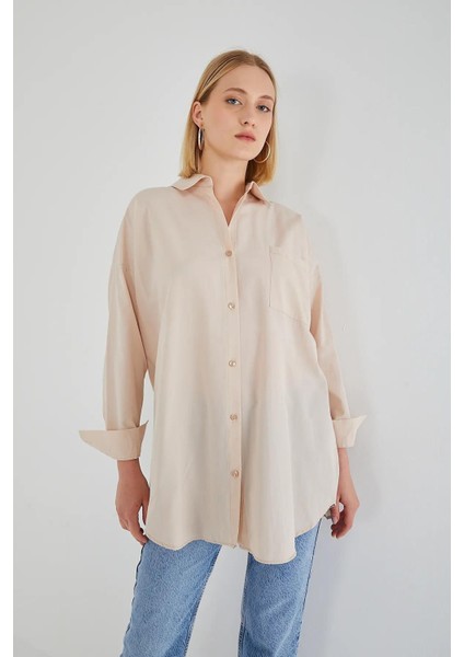 4053 Kadın Tek Cepli Oversize Basic Gömlek Taş modelleri