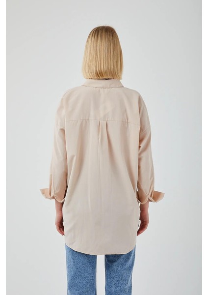 4053 Kadın Tek Cepli Oversize Basic Gömlek Taş indirimleri