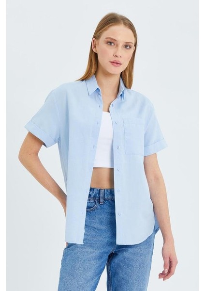 3950 Kadın Oxford Kısa Kollu Basic Gömlek Bebe Mavi
