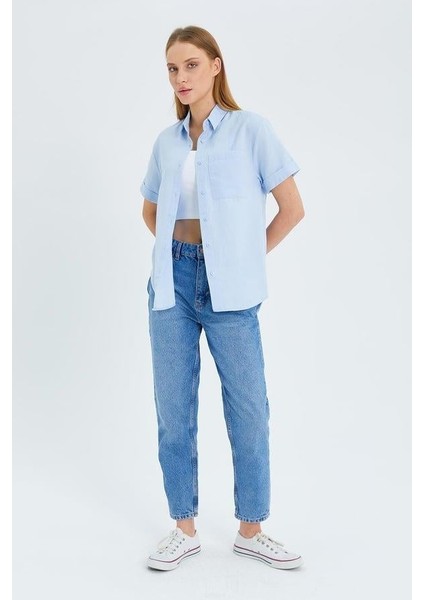 3950 Kadın Oxford Kısa Kollu Basic Gömlek Bebe Mavi fiyatları