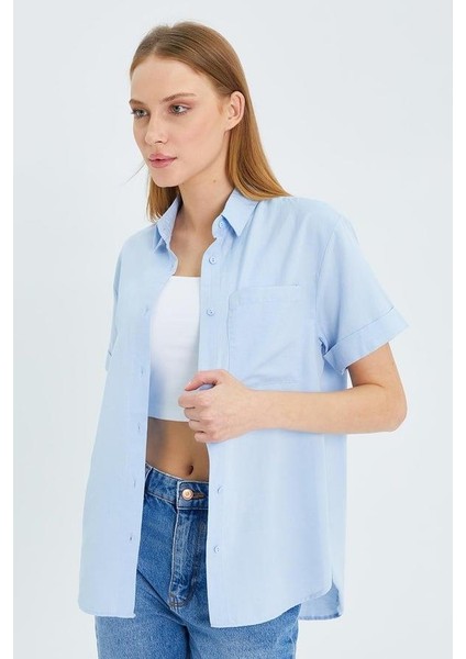 3950 Kadın Oxford Kısa Kollu Basic Gömlek Bebe Mavi modelleri
