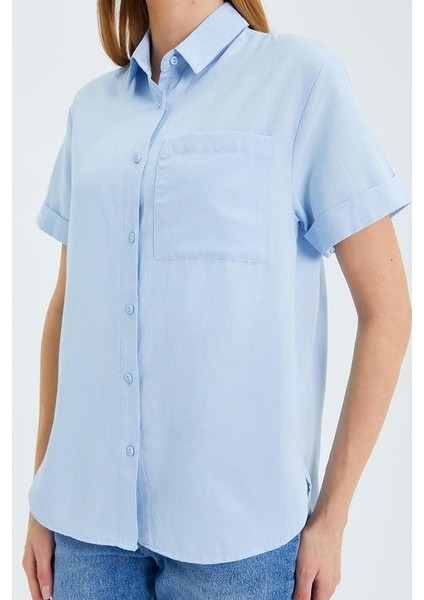 3950 Kadın Oxford Kısa Kollu Basic Gömlek Bebe Mavi fırsatları
