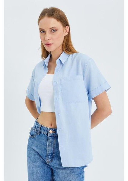 3950 Kadın Oxford Kısa Kollu Basic Gömlek Bebe Mavi indirimleri