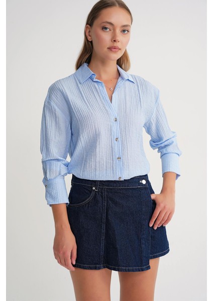 4642 Kadın Apoletli Kraşlı Gömlek Bebe Mavi