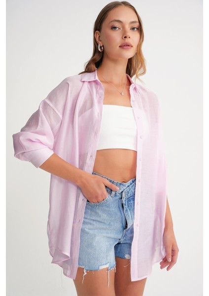 4667 Kadın Ince Oversize Modal Gömlek Pembe