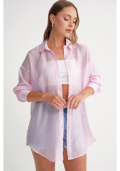 4667 Kadın Ince Oversize Modal Gömlek Pembe modelleri