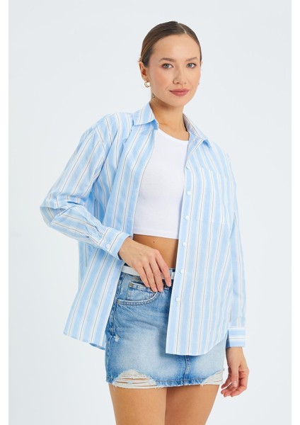 4605 Kadın Kalın Çizgili Gömlek Mavi fiyatları
