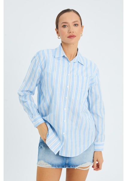 4605 Kadın Kalın Çizgili Gömlek Mavi modelleri