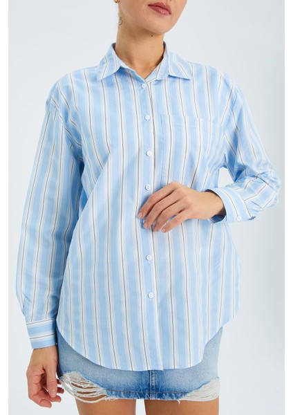 4605 Kadın Kalın Çizgili Gömlek Mavi fırsatları