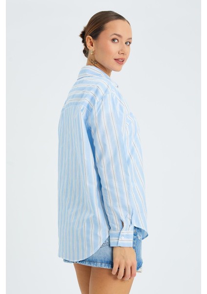 4605 Kadın Kalın Çizgili Gömlek Mavi indirimleri