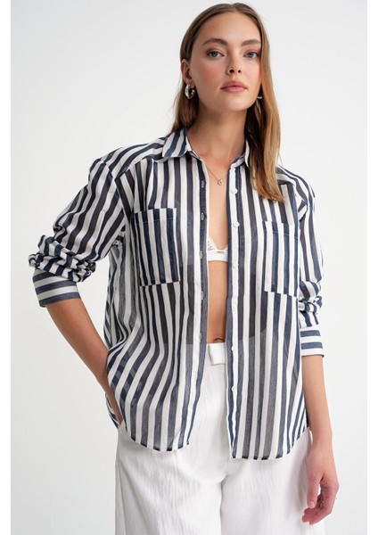 4650 Kadın Robalı Hafif Transparan Çizgili Basic Gömlek Lacivert