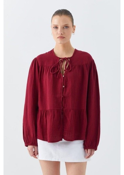 4563 Kadın Yakası Bağlamalı Kolu Lastikli Bol Müslin Gömlek Bordo
