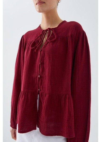 4563 Kadın Yakası Bağlamalı Kolu Lastikli Bol Müslin Gömlek Bordo fırsatları