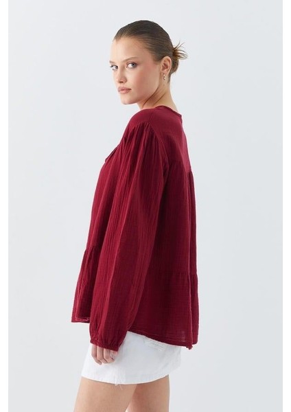 4563 Kadın Yakası Bağlamalı Kolu Lastikli Bol Müslin Gömlek Bordo indirimleri