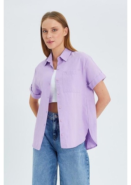3950 Kadın Oxford Kısa Kollu Basic Gömlek Lila modelleri