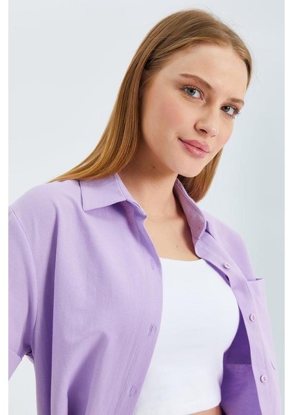 3950 Kadın Oxford Kısa Kollu Basic Gömlek Lila fırsatları